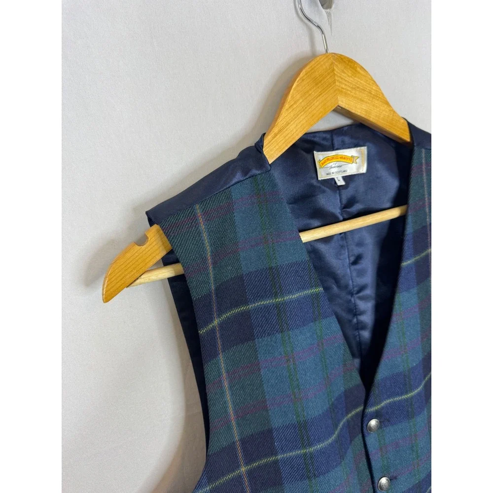 James Pringle Weavers Scotland Wool Vest Mens Large Plaid Tartan Waistcoat Navy